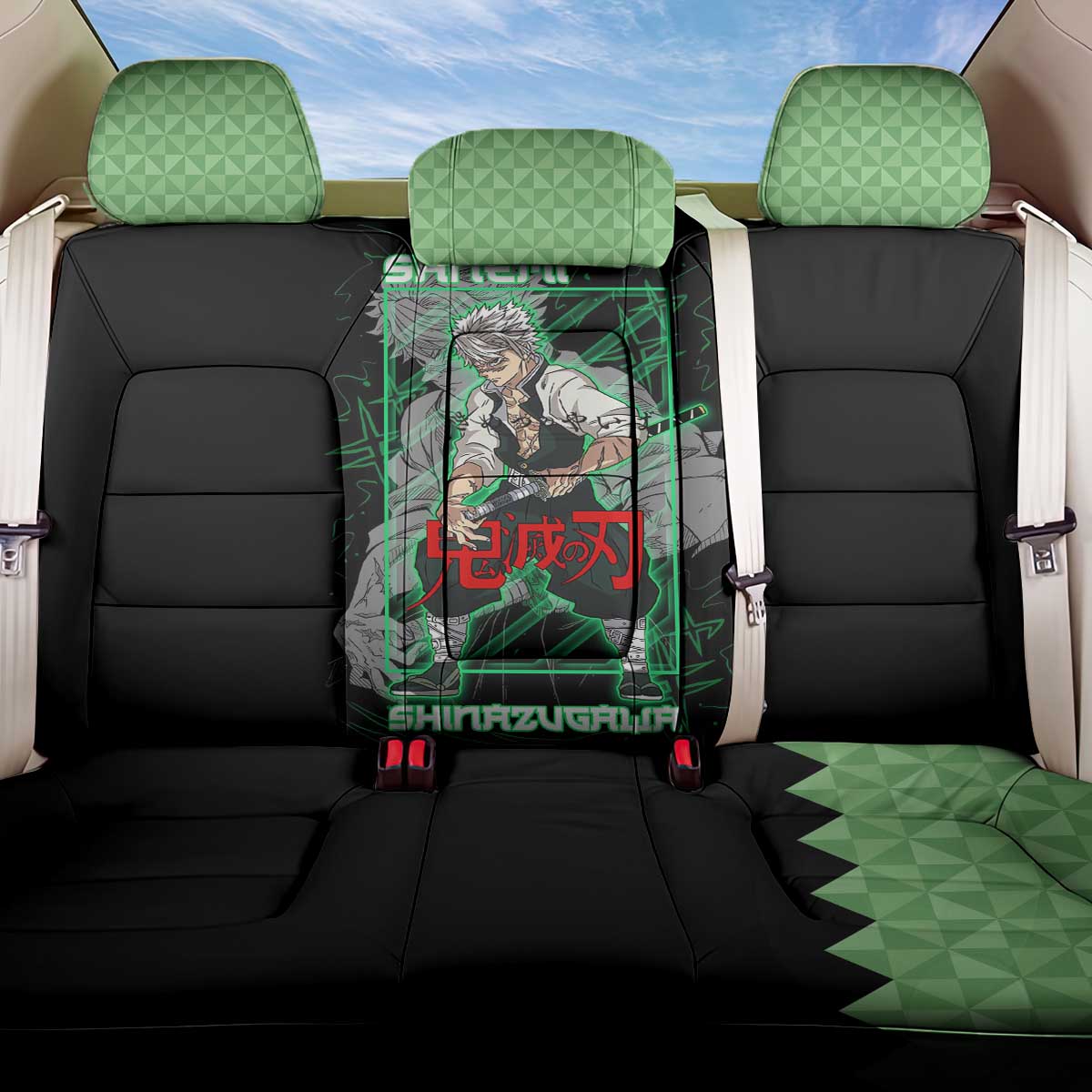Shinazugawa Sanemi Demon Slayer Back Car Seat Cover with Green and Black Grid Style Design - The Mazicc
