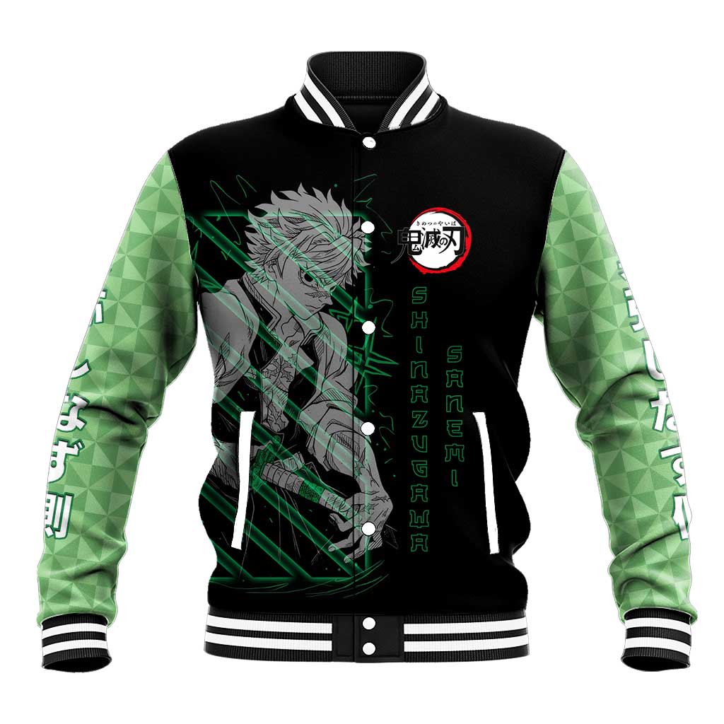 Shinazugawa Sanemi Demon Slayer Baseball Jacket with Green and Black Grid Style Design - The Mazicc