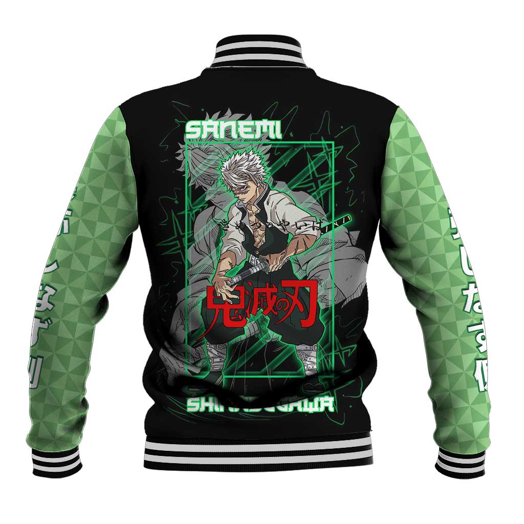Shinazugawa Sanemi Demon Slayer Baseball Jacket with Green and Black Grid Style Design - The Mazicc