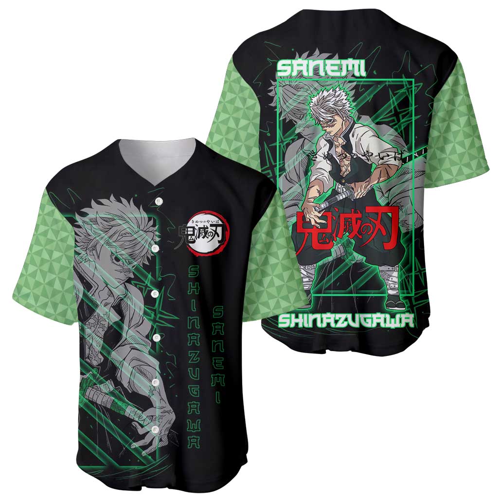 Shinazugawa Sanemi Demon Slayer Baseball Jersey with Green and Black Grid Style Design - The Mazicc