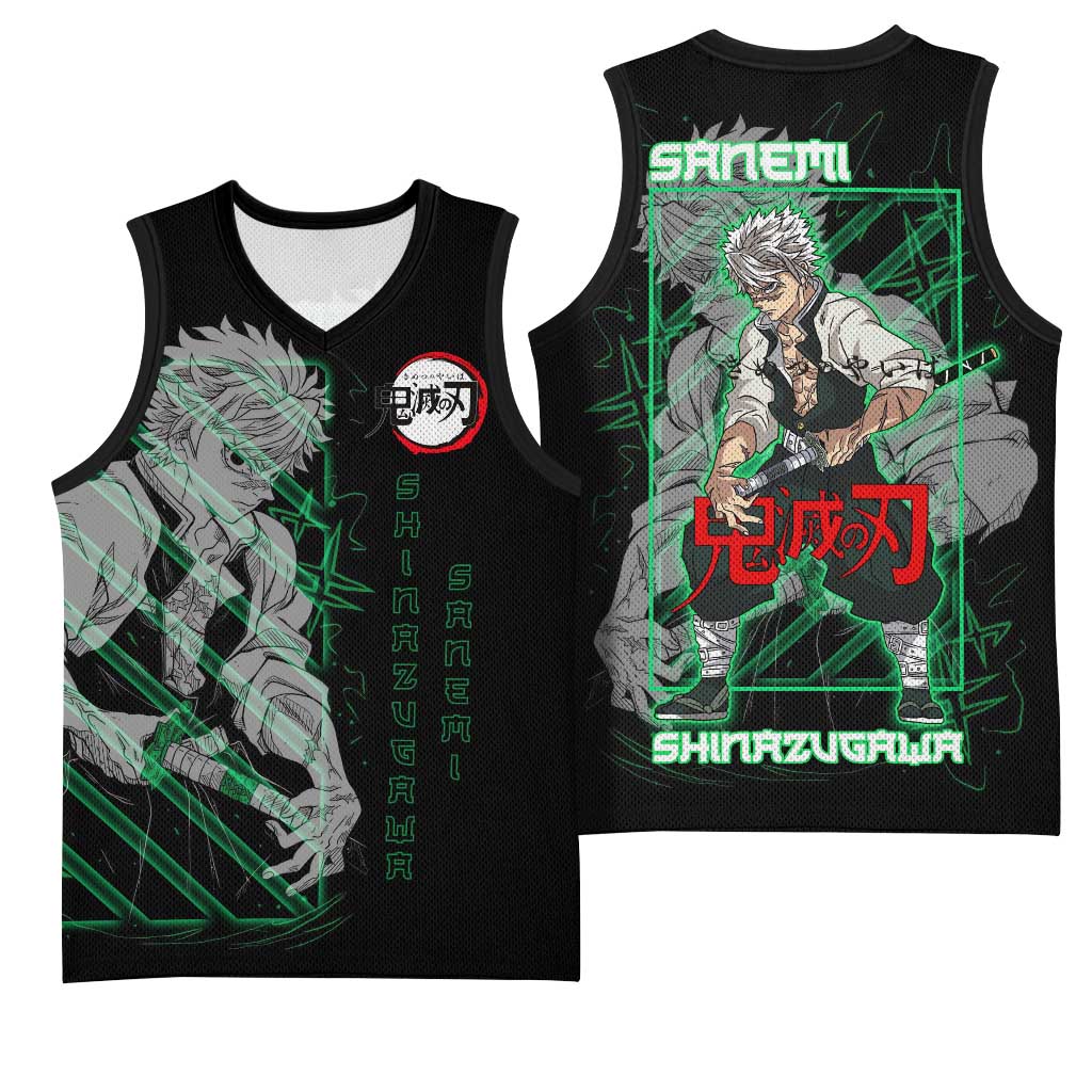Shinazugawa Sanemi Demon Slayer Basketball Jersey with Green and Black Grid Style Design - The Mazicc