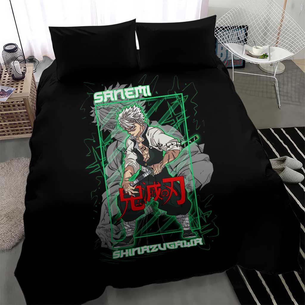 Shinazugawa Sanemi Demon Slayer Bedding Set with Green and Black Grid Style Design - The Mazicc