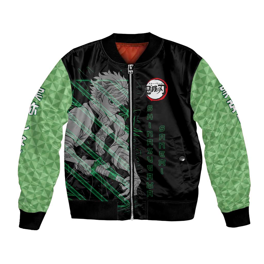 Shinazugawa Sanemi Demon Slayer Bomber Jacket with Green and Black Grid Style Design - The Mazicc