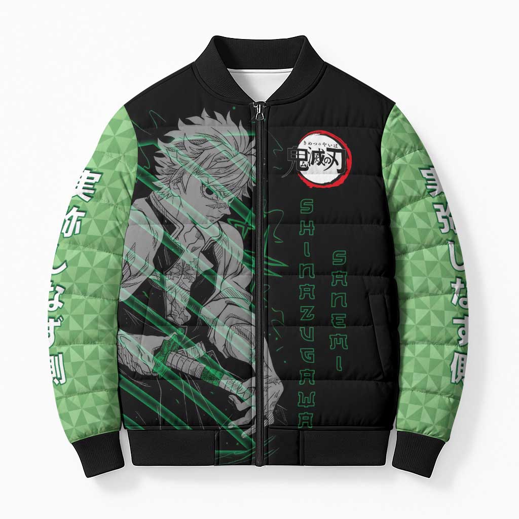 Shinazugawa Sanemi Demon Slayer Bomber Puffer Jacket with Green and Black Grid Style Design - The Mazicc