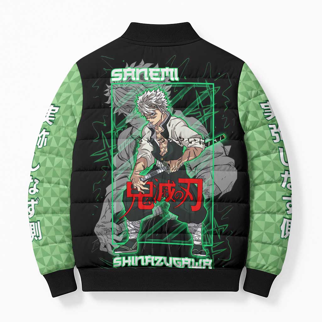 Shinazugawa Sanemi Demon Slayer Bomber Puffer Jacket with Green and Black Grid Style Design - The Mazicc