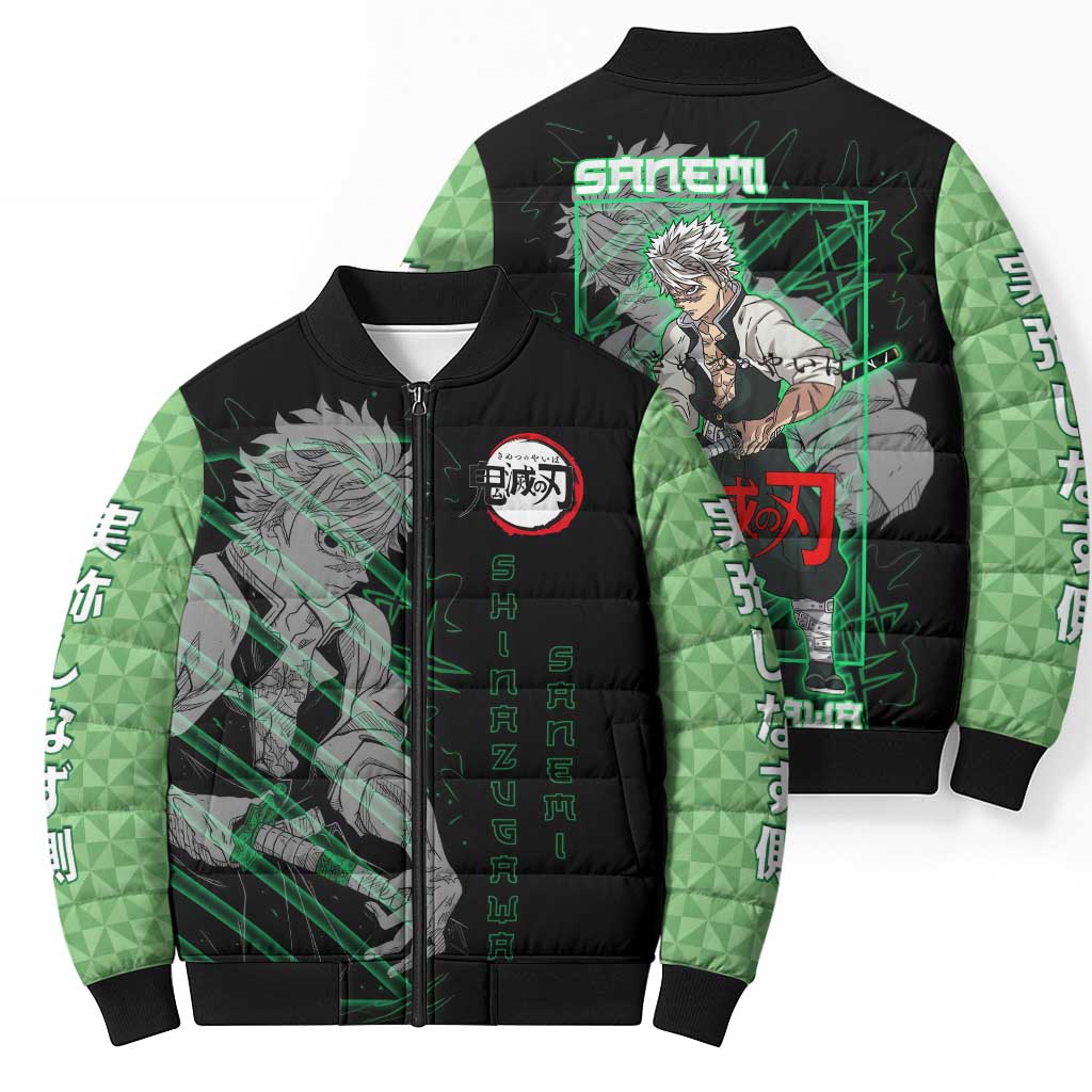 Shinazugawa Sanemi Demon Slayer Bomber Puffer Jacket with Green and Black Grid Style Design - The Mazicc