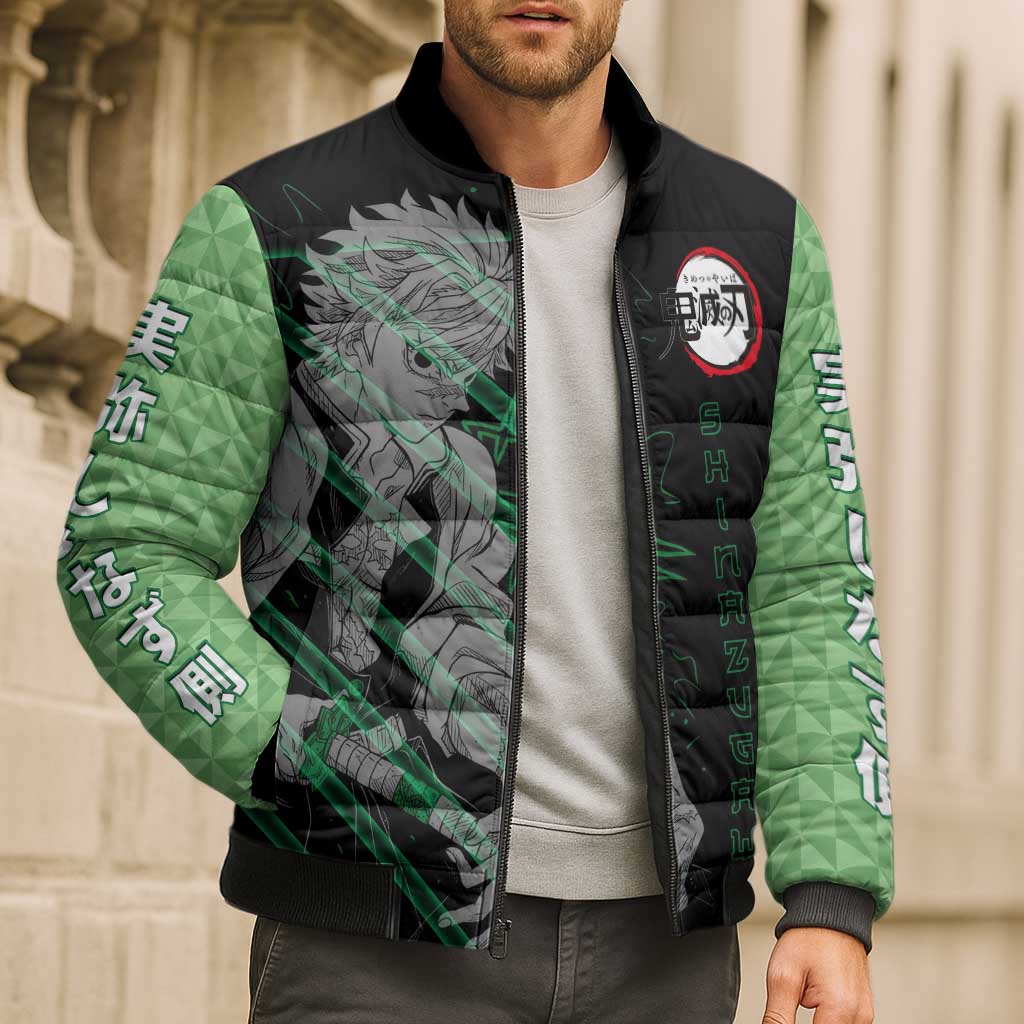 Shinazugawa Sanemi Demon Slayer Bomber Puffer Jacket with Green and Black Grid Style Design - The Mazicc