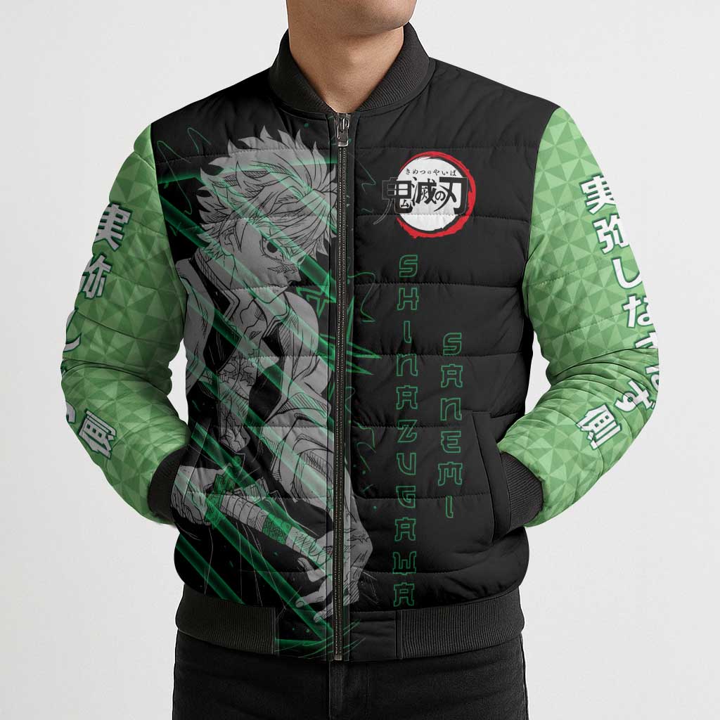 Shinazugawa Sanemi Demon Slayer Bomber Puffer Jacket with Green and Black Grid Style Design - The Mazicc