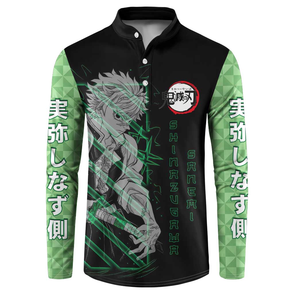 Shinazugawa Sanemi Demon Slayer Button Sweatshirt with Green and Black Grid Style Design - The Mazicc