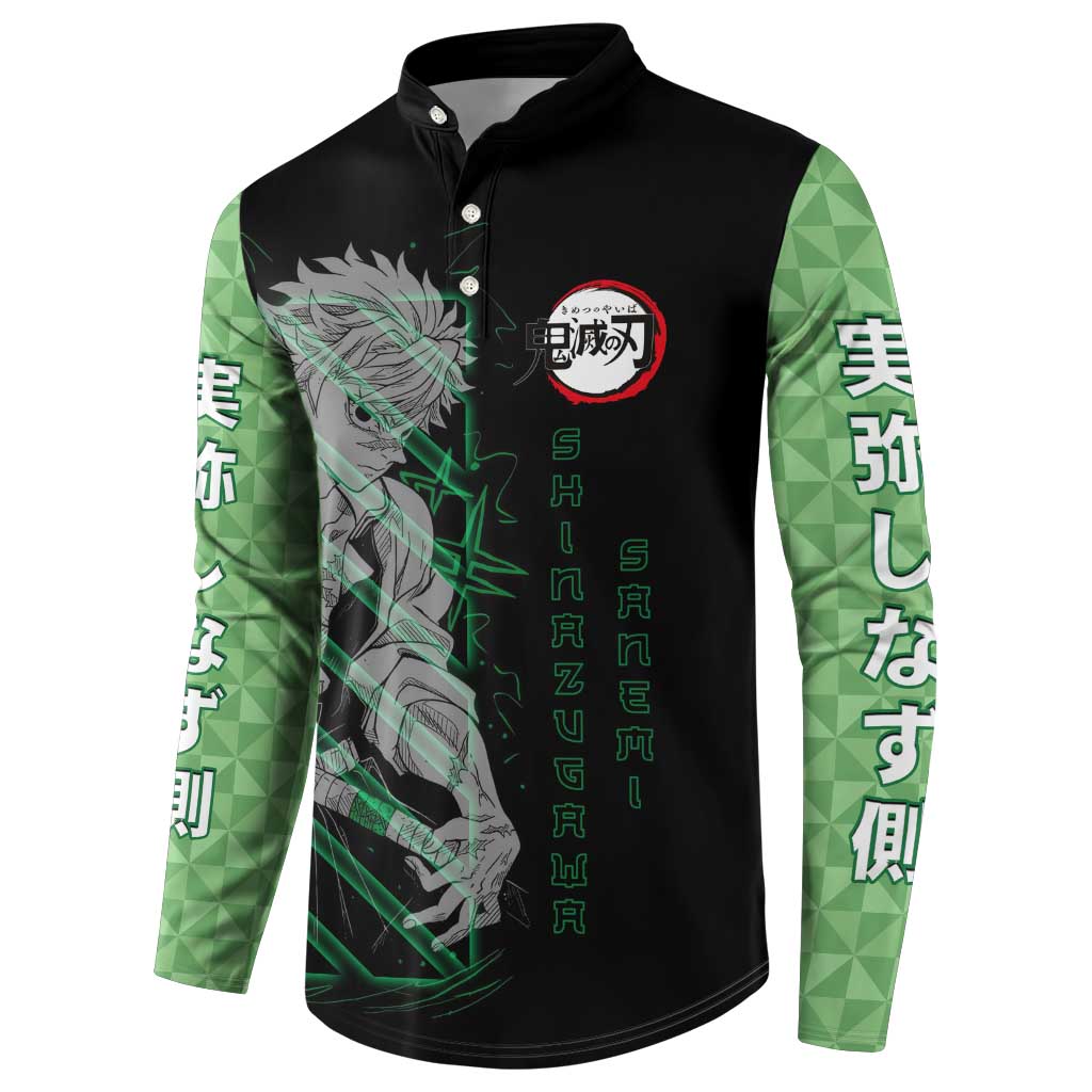Shinazugawa Sanemi Demon Slayer Button Sweatshirt with Green and Black Grid Style Design - The Mazicc