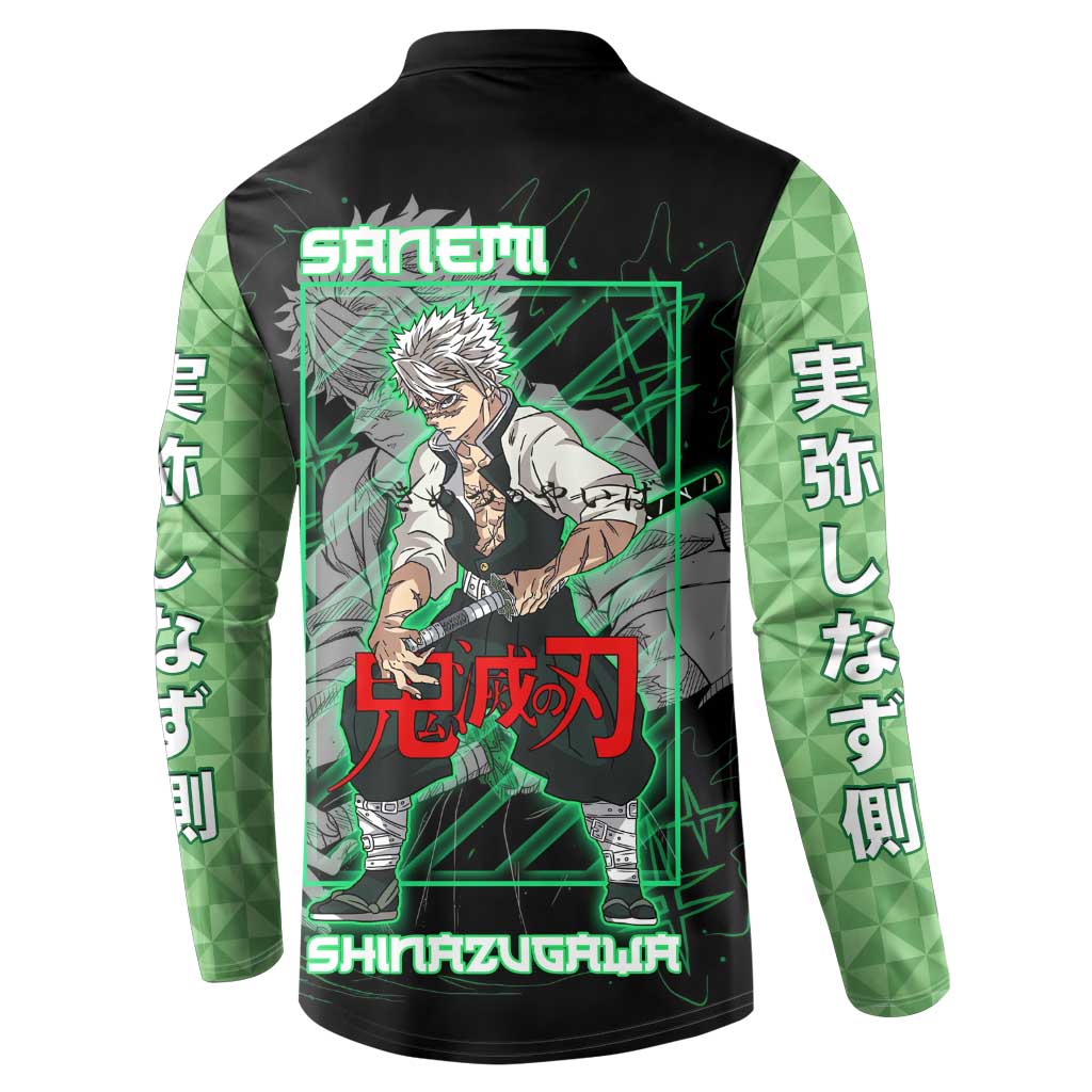 Shinazugawa Sanemi Demon Slayer Button Sweatshirt with Green and Black Grid Style Design - The Mazicc