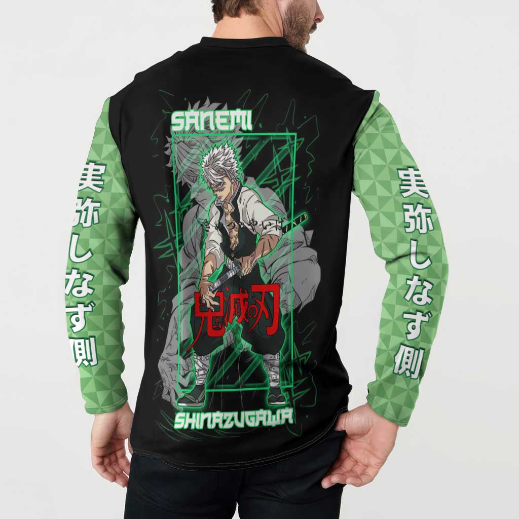 Shinazugawa Sanemi Demon Slayer Button Sweatshirt with Green and Black Grid Style Design - The Mazicc
