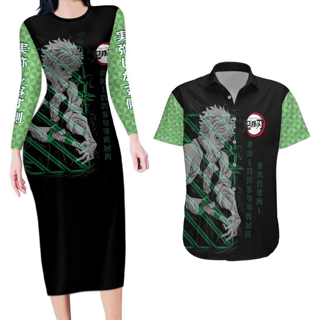 Shinazugawa Sanemi Demon Slayer Couples Matching Long Sleeve Bodycon Dress and Hawaiian Shirt with Green and Black Grid Style Design - The Mazicc
