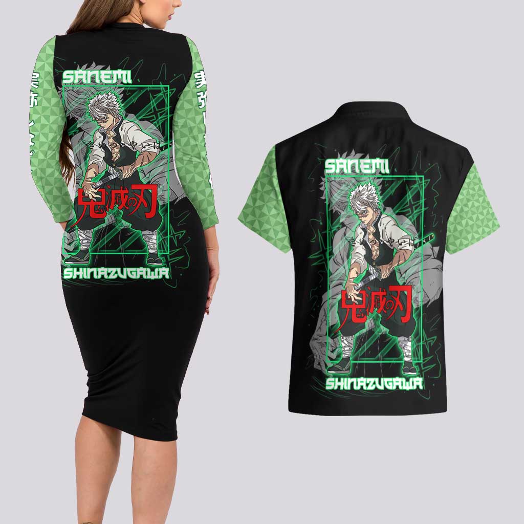 Shinazugawa Sanemi Demon Slayer Couples Matching Long Sleeve Bodycon Dress and Hawaiian Shirt with Green and Black Grid Style Design - The Mazicc