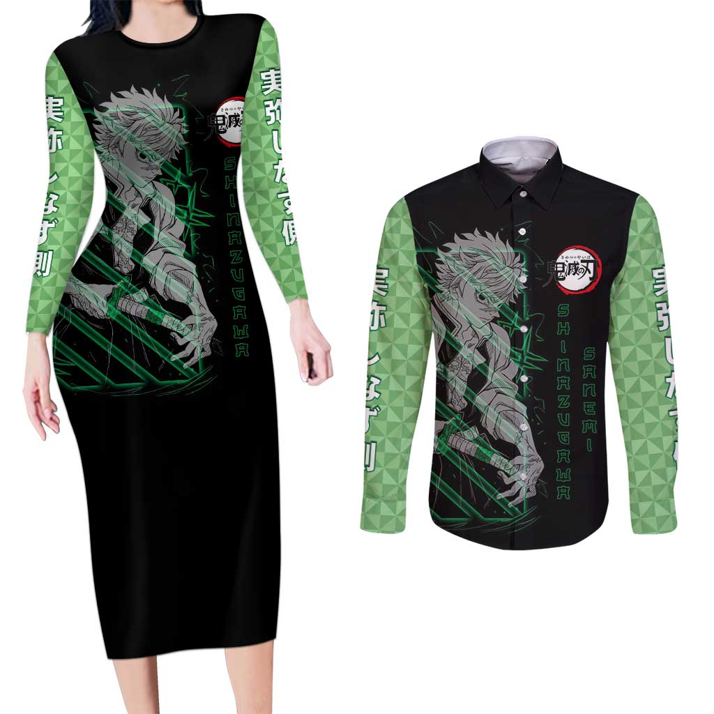 Shinazugawa Sanemi Demon Slayer Couples Matching Long Sleeve Bodycon Dress and Long Sleeve Button Shirt with Green and Black Grid Style Design - The Mazicc