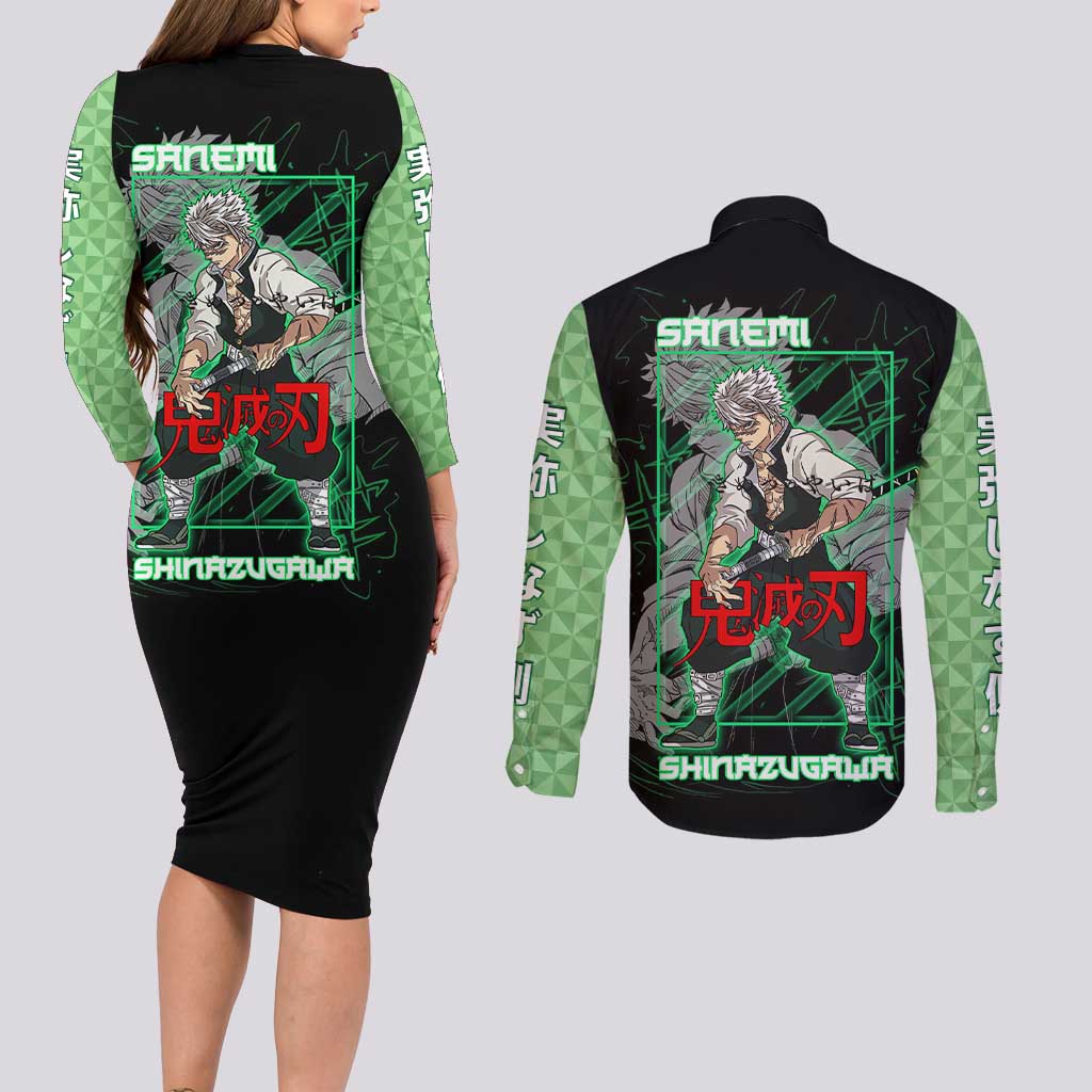 Shinazugawa Sanemi Demon Slayer Couples Matching Long Sleeve Bodycon Dress and Long Sleeve Button Shirt with Green and Black Grid Style Design - The Mazicc