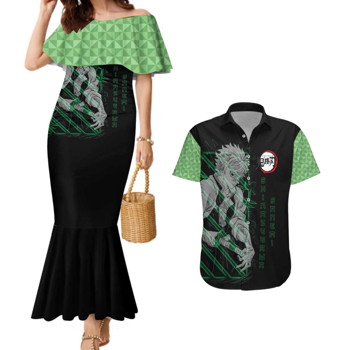 Shinazugawa Sanemi Demon Slayer Couples Matching Mermaid Dress and Hawaiian Shirt with Green and Black Grid Style Design - The Mazicc