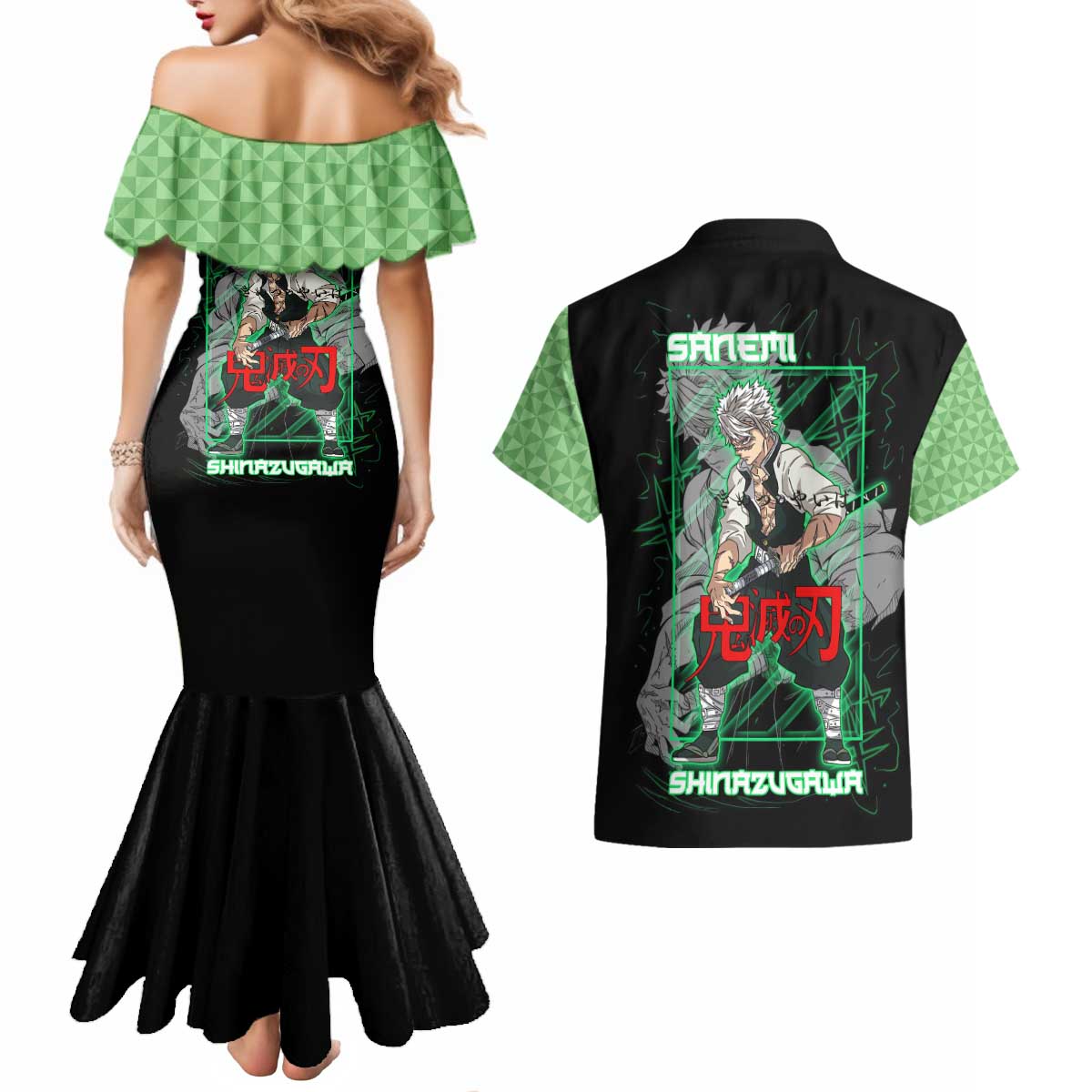 Shinazugawa Sanemi Demon Slayer Couples Matching Mermaid Dress and Hawaiian Shirt with Green and Black Grid Style Design - The Mazicc