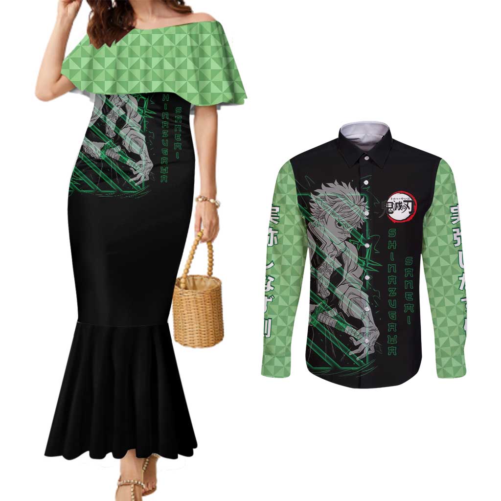 Shinazugawa Sanemi Demon Slayer Couples Matching Mermaid Dress and Long Sleeve Button Shirt with Green and Black Grid Style Design - The Mazicc