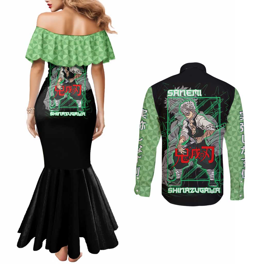 Shinazugawa Sanemi Demon Slayer Couples Matching Mermaid Dress and Long Sleeve Button Shirt with Green and Black Grid Style Design - The Mazicc