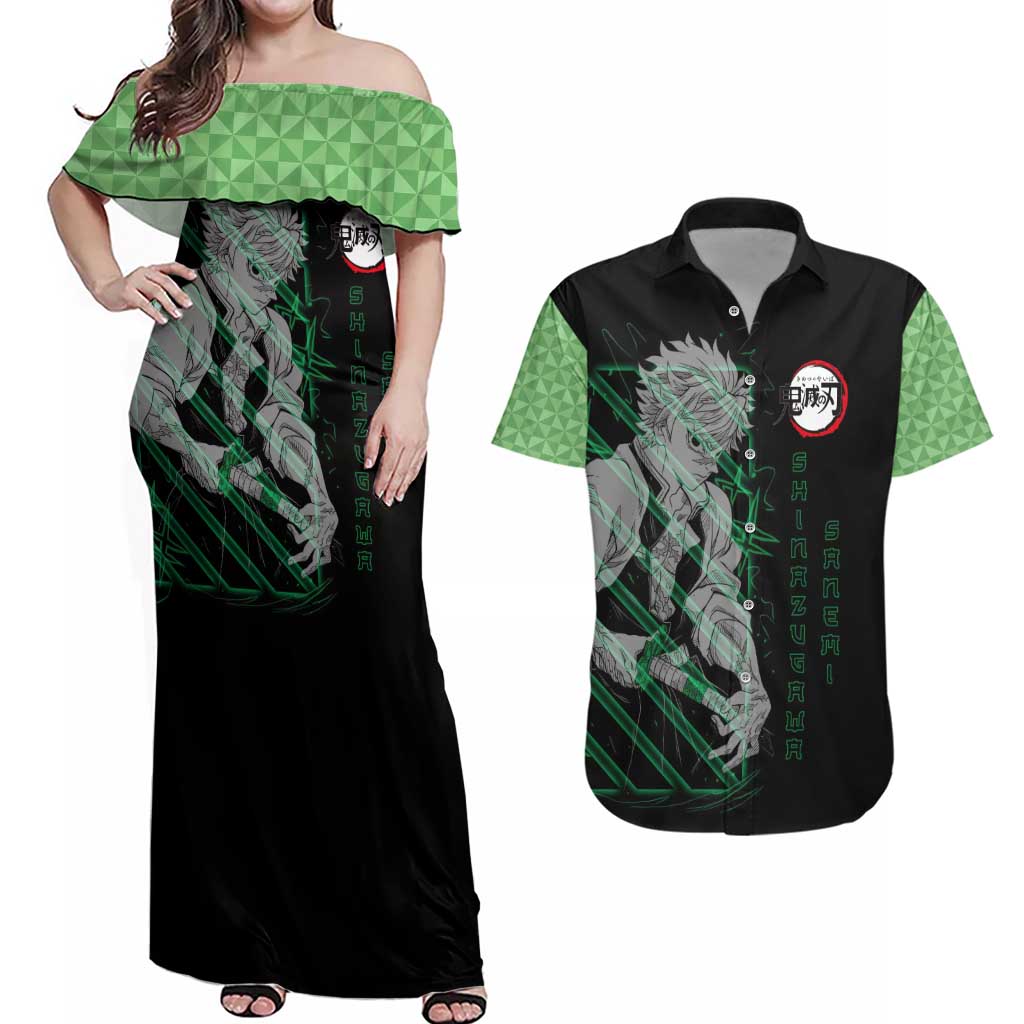 Shinazugawa Sanemi Demon Slayer Couples Matching Off Shoulder Maxi Dress and Hawaiian Shirt with Green and Black Grid Style Design - The Mazicc