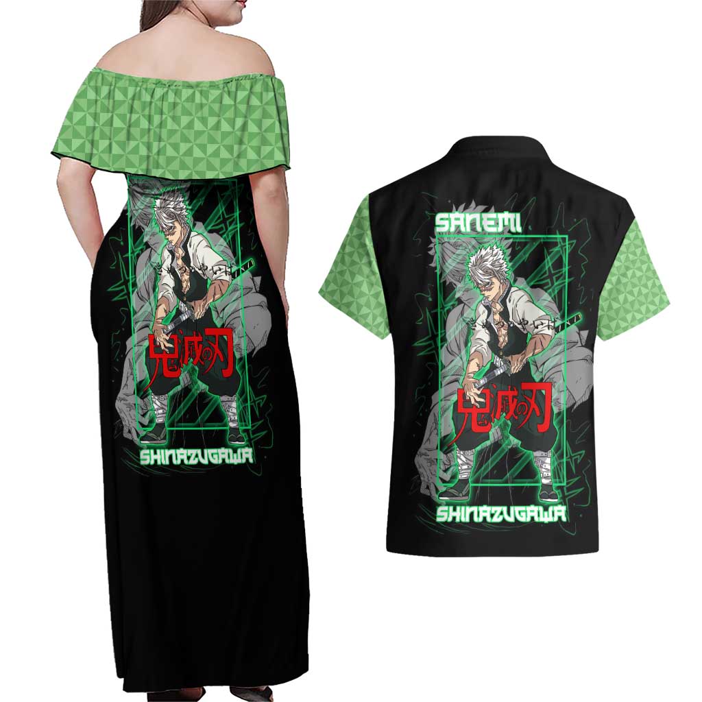 Shinazugawa Sanemi Demon Slayer Couples Matching Off Shoulder Maxi Dress and Hawaiian Shirt with Green and Black Grid Style Design - The Mazicc