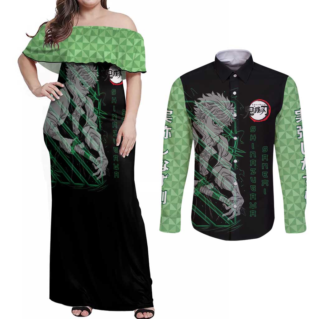 Shinazugawa Sanemi Demon Slayer Couples Matching Off Shoulder Maxi Dress and Long Sleeve Button Shirt with Green and Black Grid Style Design - The Mazicc