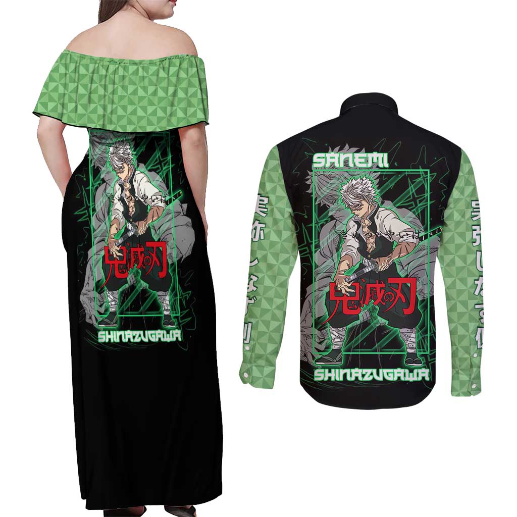 Shinazugawa Sanemi Demon Slayer Couples Matching Off Shoulder Maxi Dress and Long Sleeve Button Shirt with Green and Black Grid Style Design - The Mazicc