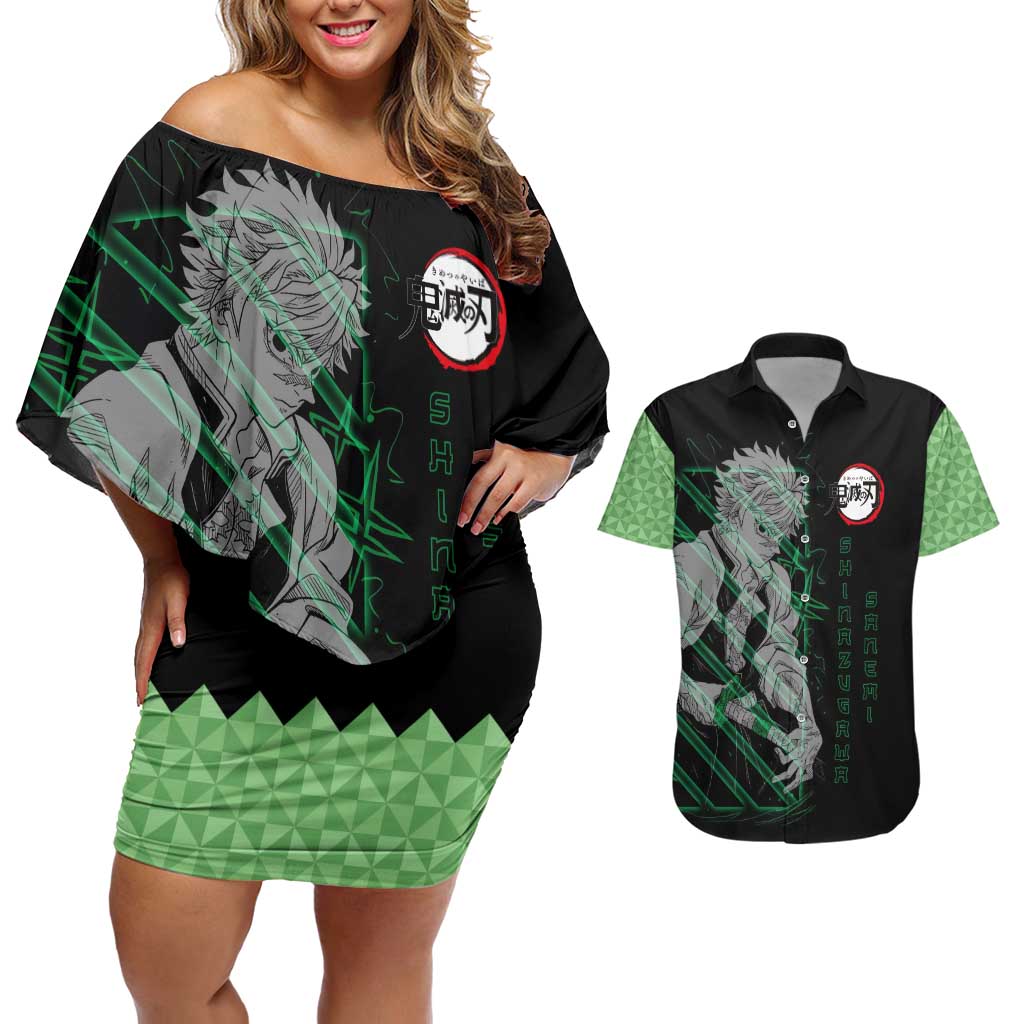 Shinazugawa Sanemi Demon Slayer Couples Matching Off Shoulder Short Dress and Hawaiian Shirt with Green and Black Grid Style Design - The Mazicc