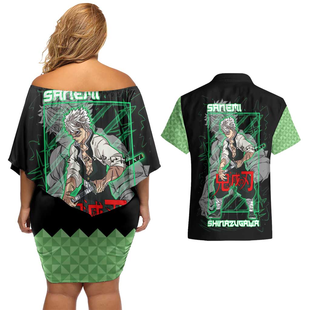Shinazugawa Sanemi Demon Slayer Couples Matching Off Shoulder Short Dress and Hawaiian Shirt with Green and Black Grid Style Design - The Mazicc