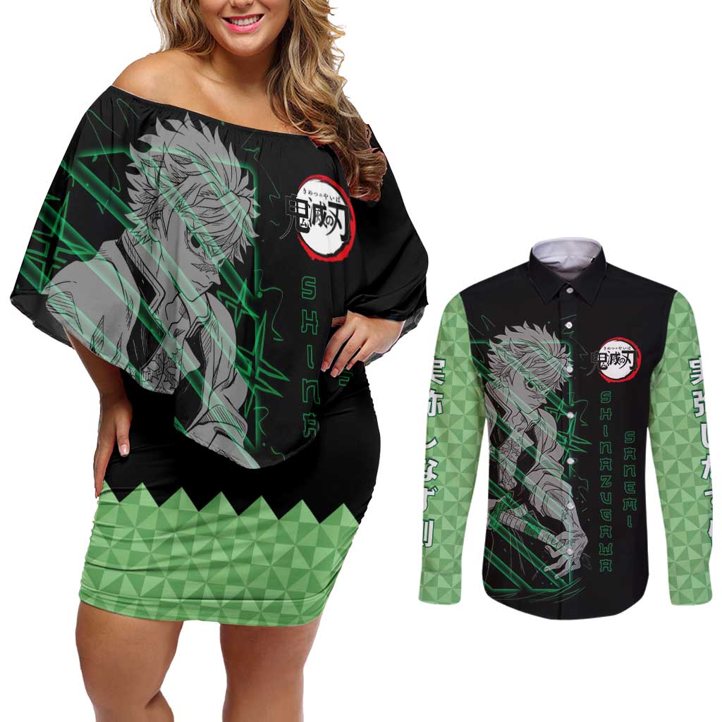 Shinazugawa Sanemi Demon Slayer Couples Matching Off Shoulder Short Dress and Long Sleeve Button Shirt with Green and Black Grid Style Design - The Mazicc