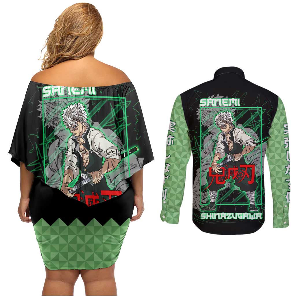 Shinazugawa Sanemi Demon Slayer Couples Matching Off Shoulder Short Dress and Long Sleeve Button Shirt with Green and Black Grid Style Design - The Mazicc