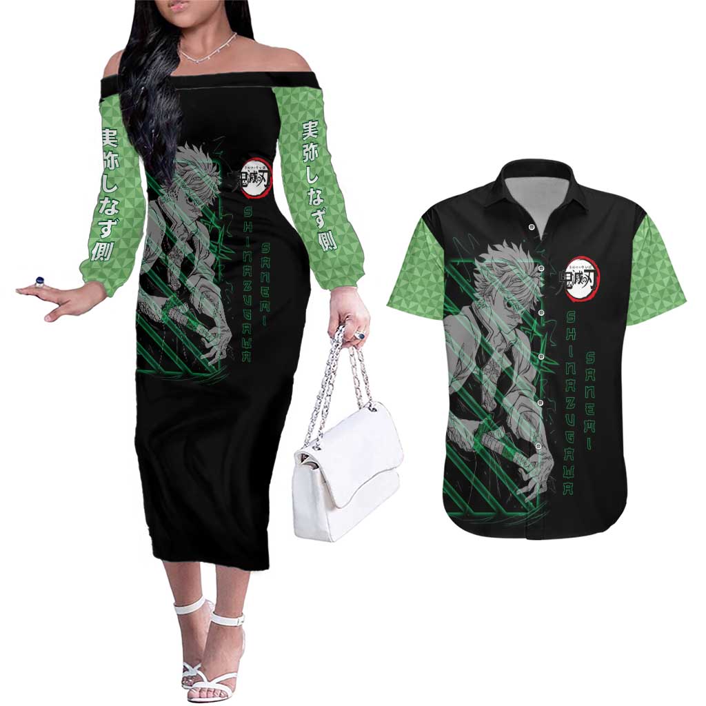Shinazugawa Sanemi Demon Slayer Couples Matching Off The Shoulder Long Sleeve Dress and Hawaiian Shirt with Green and Black Grid Style Design - The Mazicc