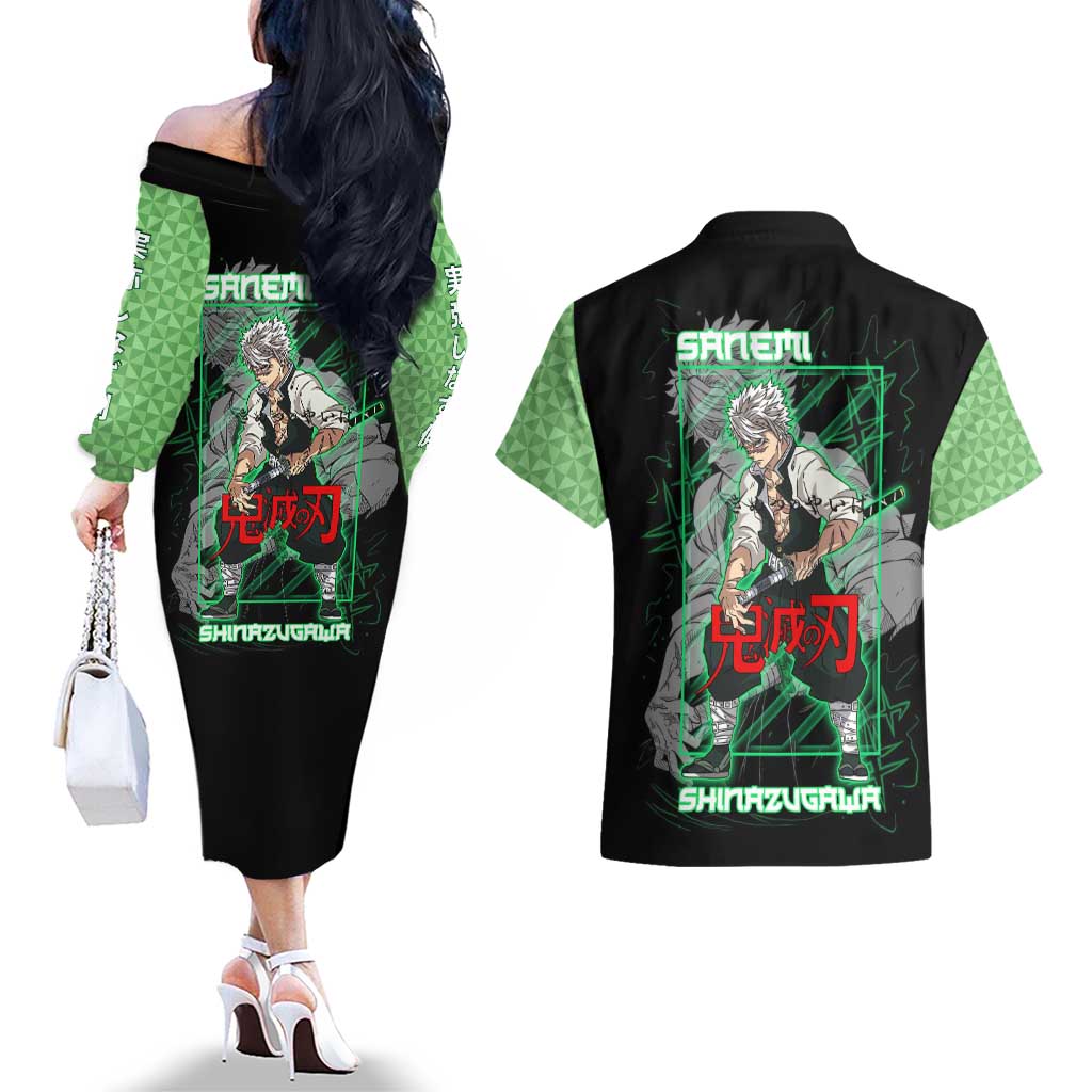 Shinazugawa Sanemi Demon Slayer Couples Matching Off The Shoulder Long Sleeve Dress and Hawaiian Shirt with Green and Black Grid Style Design - The Mazicc
