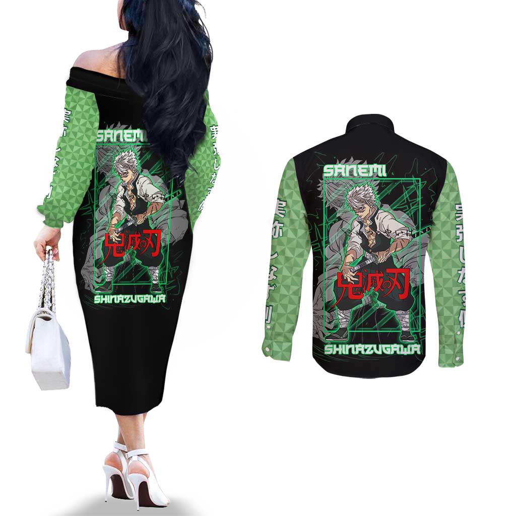Shinazugawa Sanemi Demon Slayer Couples Matching Off The Shoulder Long Sleeve Dress and Long Sleeve Button Shirt with Green and Black Grid Style Design - The Mazicc