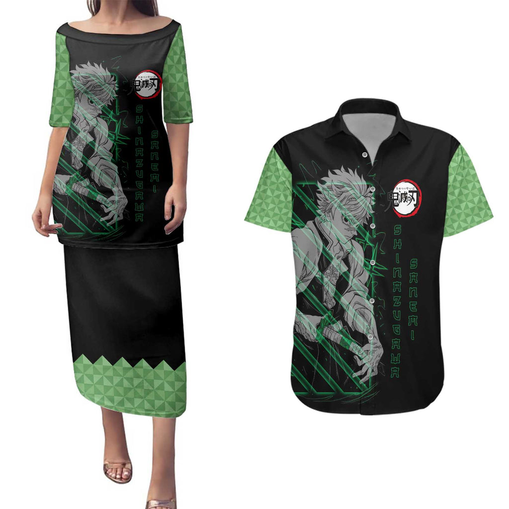 Shinazugawa Sanemi Demon Slayer Couples Matching Puletasi and Hawaiian Shirt with Green and Black Grid Style Design - The Mazicc