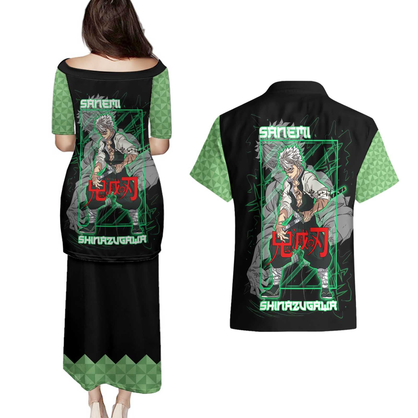 Shinazugawa Sanemi Demon Slayer Couples Matching Puletasi and Hawaiian Shirt with Green and Black Grid Style Design - The Mazicc