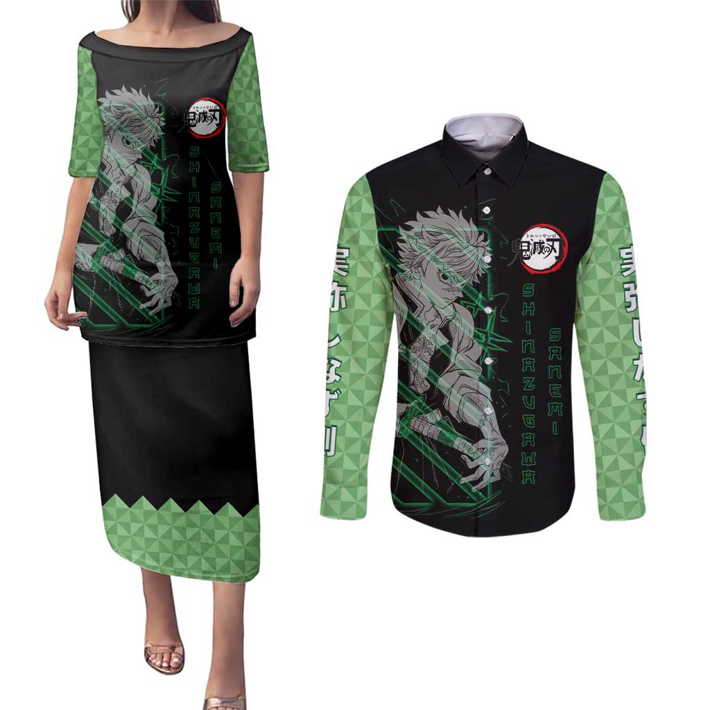Shinazugawa Sanemi Demon Slayer Couples Matching Puletasi and Long Sleeve Button Shirt with Green and Black Grid Style Design - The Mazicc