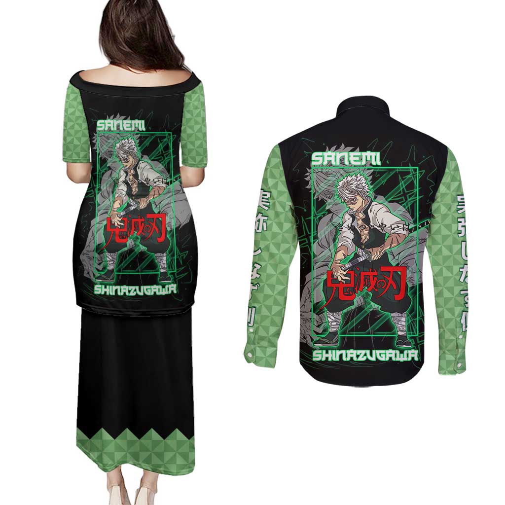 Shinazugawa Sanemi Demon Slayer Couples Matching Puletasi and Long Sleeve Button Shirt with Green and Black Grid Style Design - The Mazicc