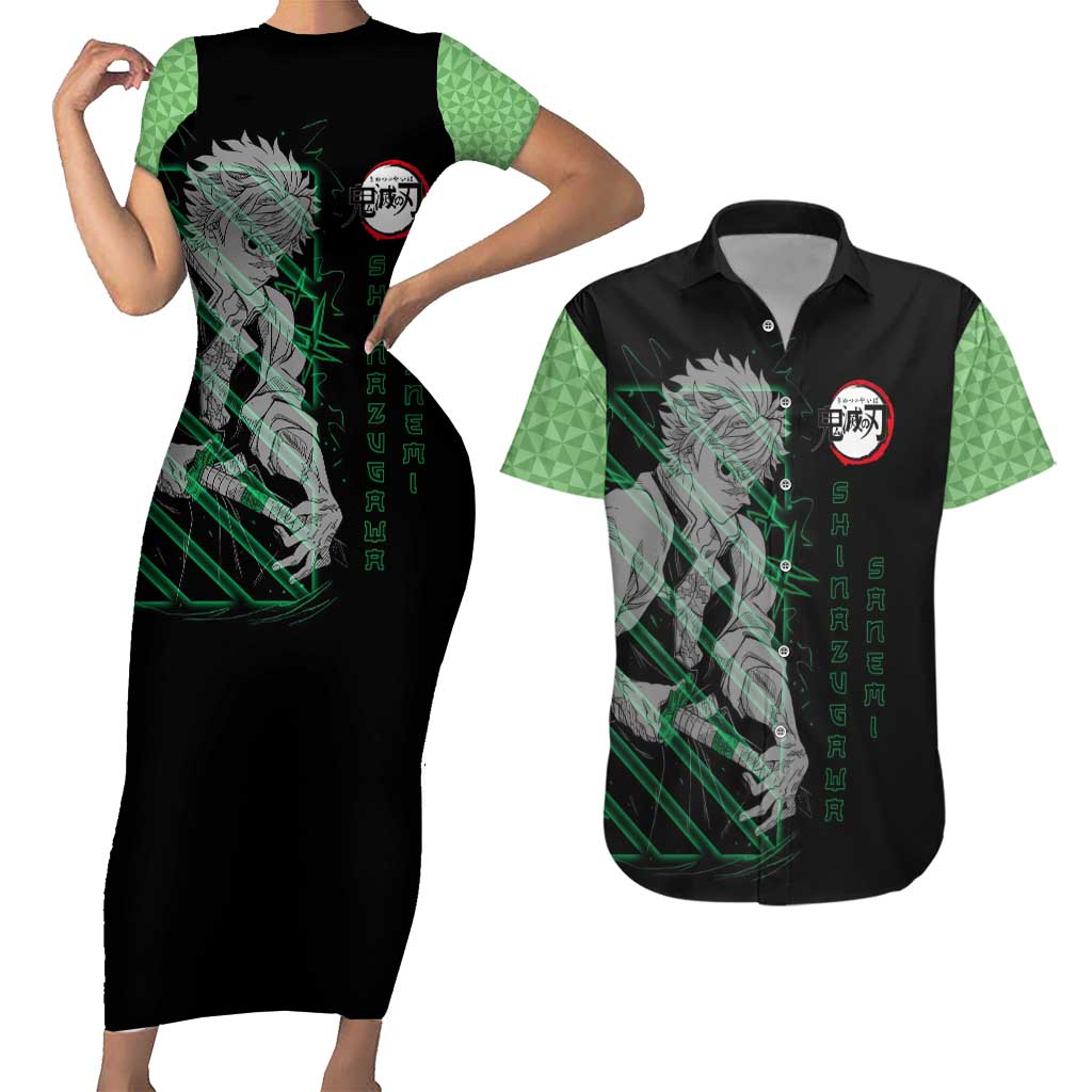 Shinazugawa Sanemi Demon Slayer Couples Matching Short Sleeve Bodycon Dress and Hawaiian Shirt with Green and Black Grid Style Design - The Mazicc