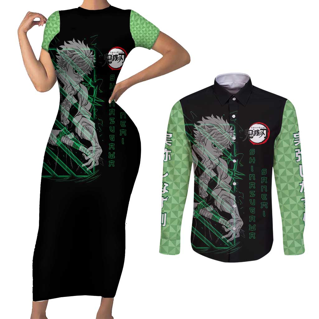 Shinazugawa Sanemi Demon Slayer Couples Matching Short Sleeve Bodycon Dress and Long Sleeve Button Shirt with Green and Black Grid Style Design - The Mazicc
