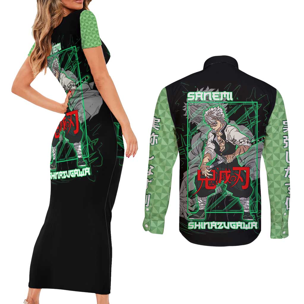 Shinazugawa Sanemi Demon Slayer Couples Matching Short Sleeve Bodycon Dress and Long Sleeve Button Shirt with Green and Black Grid Style Design - The Mazicc