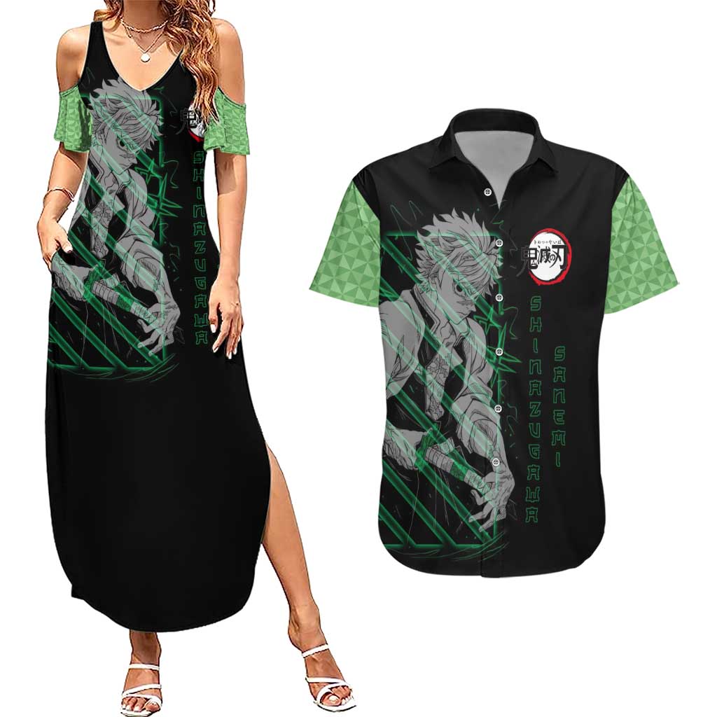 Shinazugawa Sanemi Demon Slayer Couples Matching Summer Maxi Dress and Hawaiian Shirt with Green and Black Grid Style Design - The Mazicc