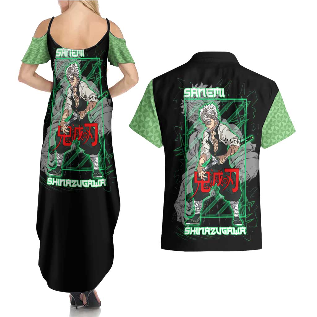 Shinazugawa Sanemi Demon Slayer Couples Matching Summer Maxi Dress and Hawaiian Shirt with Green and Black Grid Style Design - The Mazicc