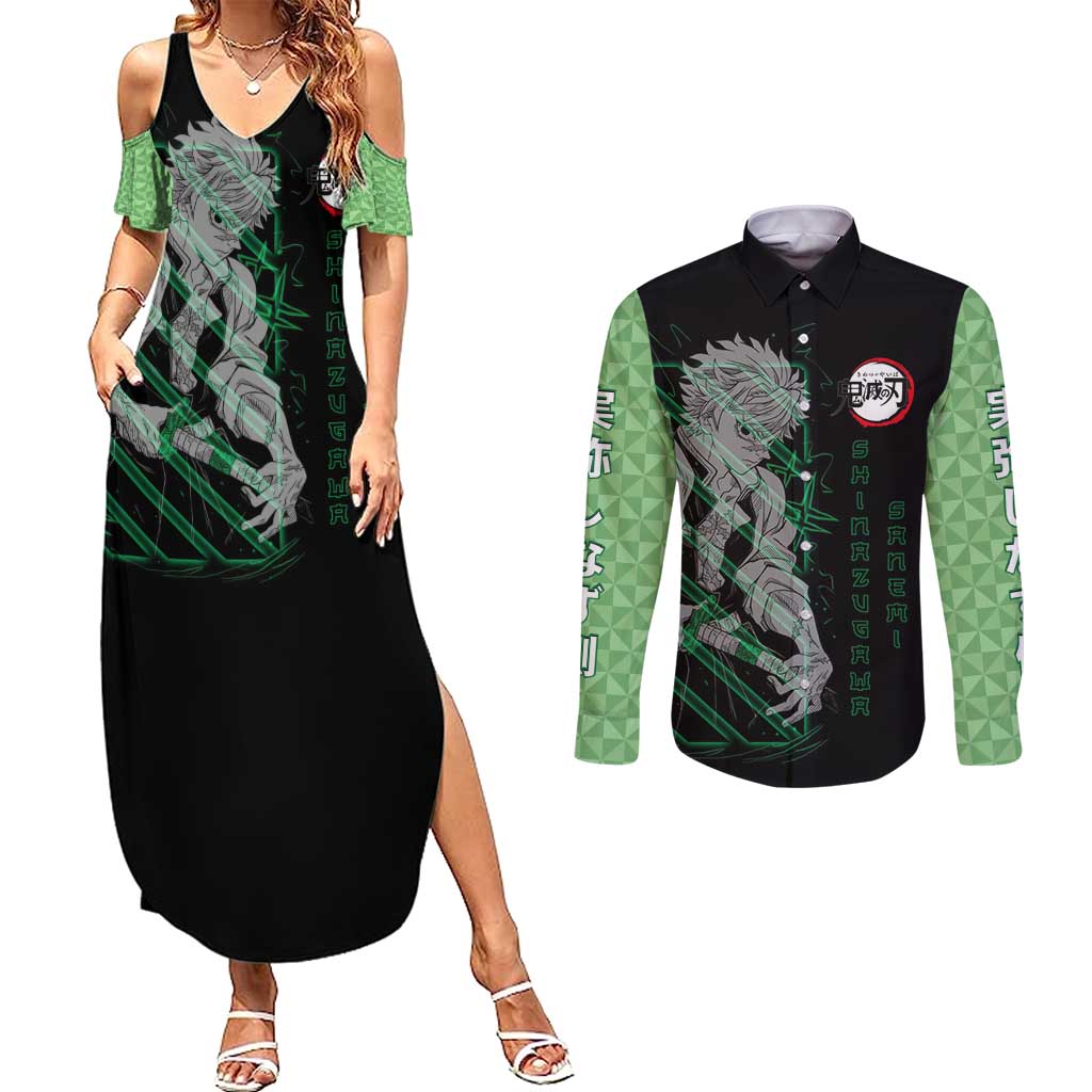 Shinazugawa Sanemi Demon Slayer Couples Matching Summer Maxi Dress and Long Sleeve Button Shirt with Green and Black Grid Style Design - The Mazicc