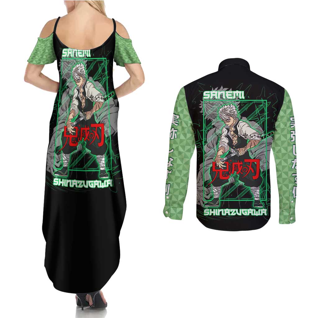 Shinazugawa Sanemi Demon Slayer Couples Matching Summer Maxi Dress and Long Sleeve Button Shirt with Green and Black Grid Style Design - The Mazicc