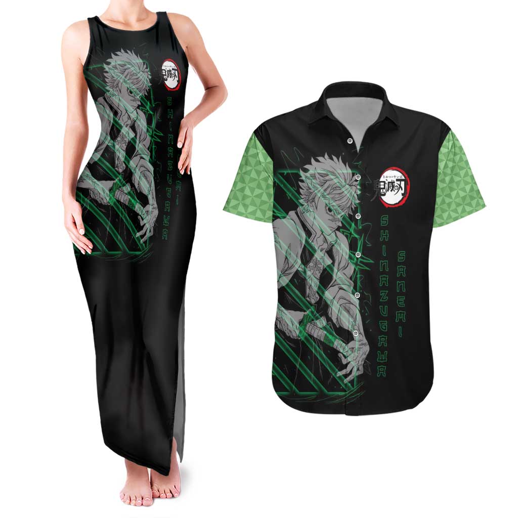 Shinazugawa Sanemi Demon Slayer Couples Matching Tank Maxi Dress and Hawaiian Shirt with Green and Black Grid Style Design - The Mazicc