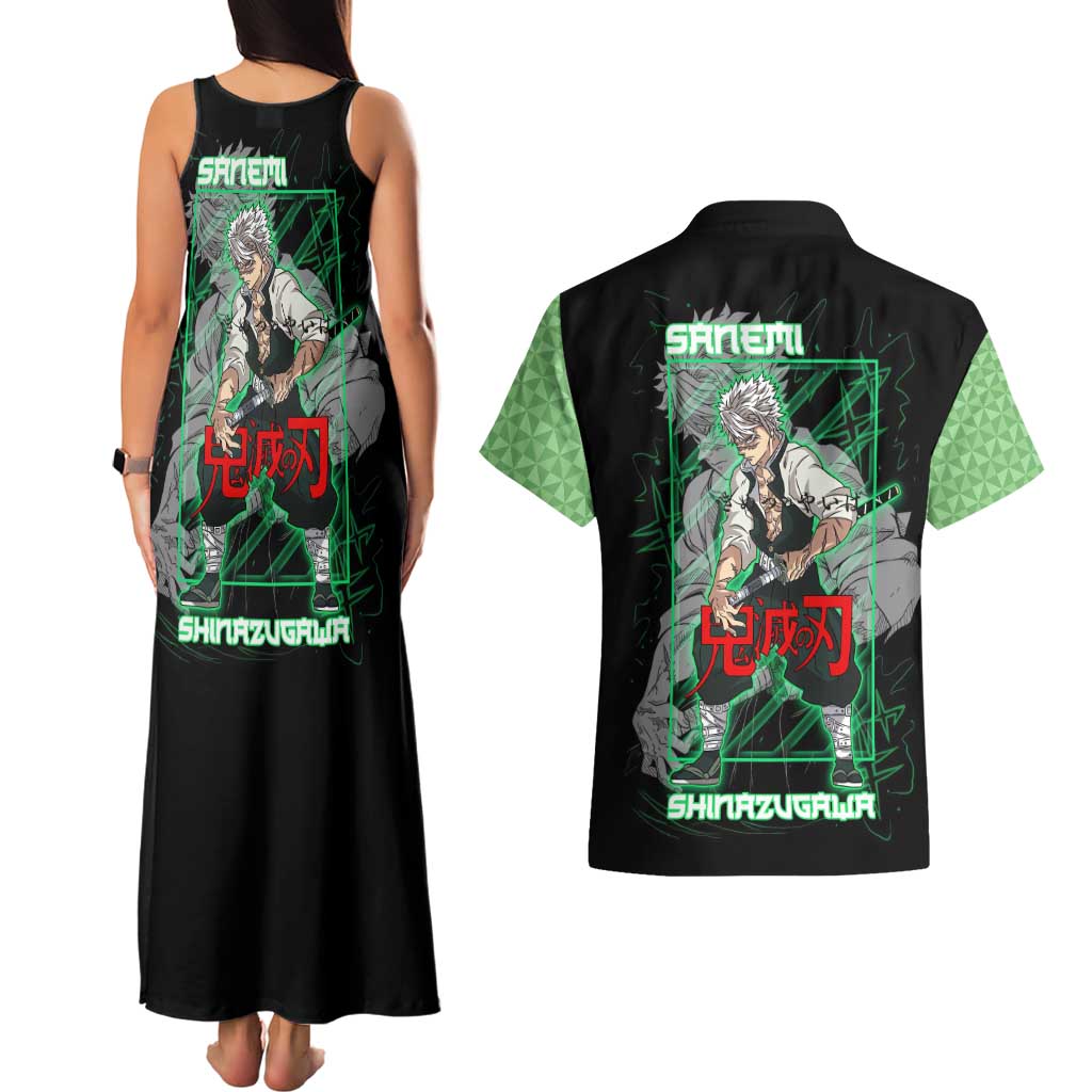 Shinazugawa Sanemi Demon Slayer Couples Matching Tank Maxi Dress and Hawaiian Shirt with Green and Black Grid Style Design - The Mazicc