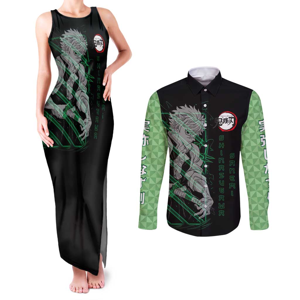 Shinazugawa Sanemi Demon Slayer Couples Matching Tank Maxi Dress and Long Sleeve Button Shirt with Green and Black Grid Style Design - The Mazicc