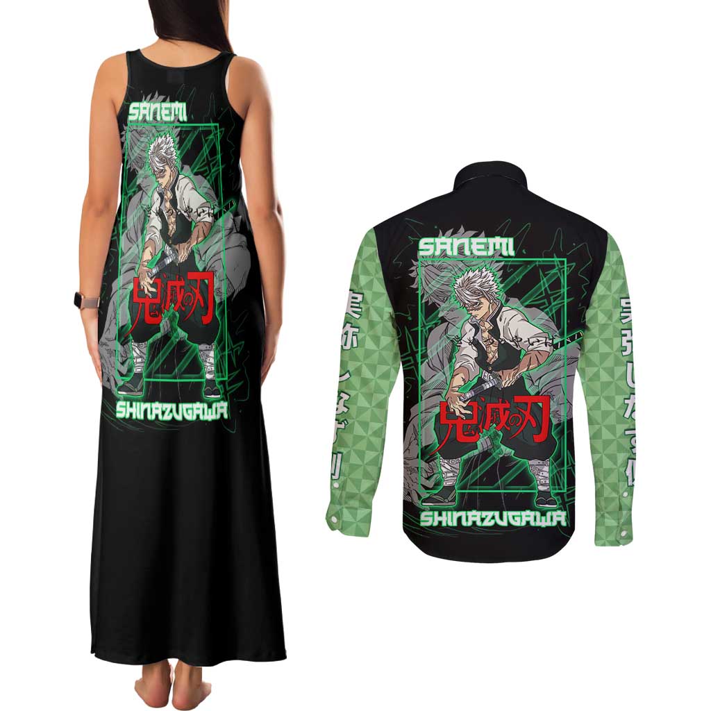 Shinazugawa Sanemi Demon Slayer Couples Matching Tank Maxi Dress and Long Sleeve Button Shirt with Green and Black Grid Style Design - The Mazicc